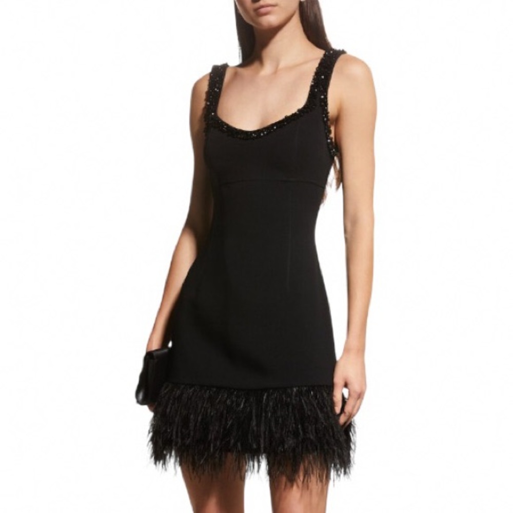 CINQ A SEPT Stellah Mini Beaded Feather Trim Bodycon Black Dress Sleeveless 10